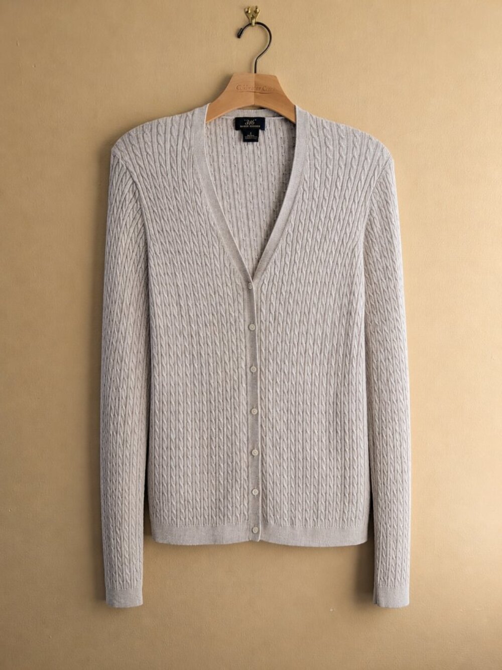 Brooks Brothers 346 Cable Knit Silk Cashmere Cardigan V-Neck Preppy Griege